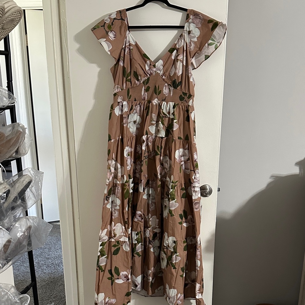 Express Floral Maxi Dress in Tan and White